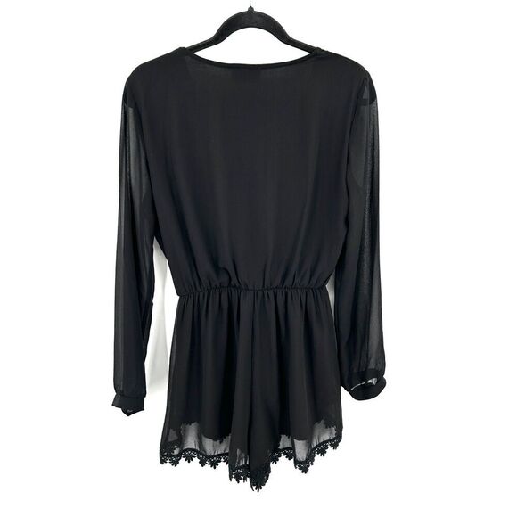 ASTR Black Sheer Long Sleeve Floral Crochet Faux Wrap Romper Size Medium - Picture 3 of 8